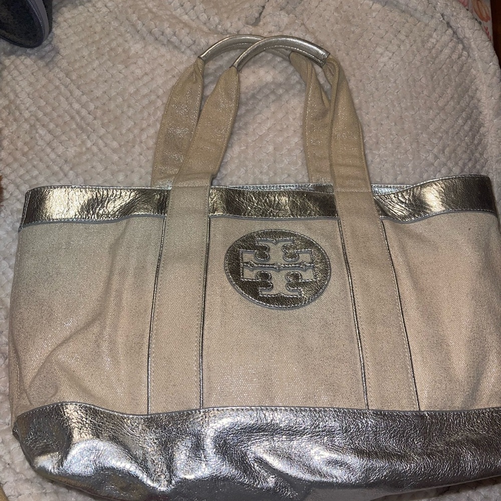 Tory Burch Silver and Cream Tote